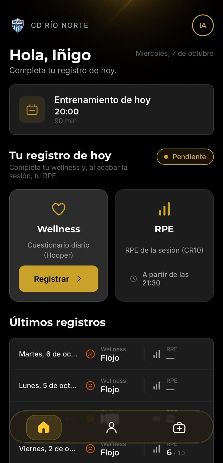 Inicio del jugador: el entrenamiento del día y su registro de wellness y RPE