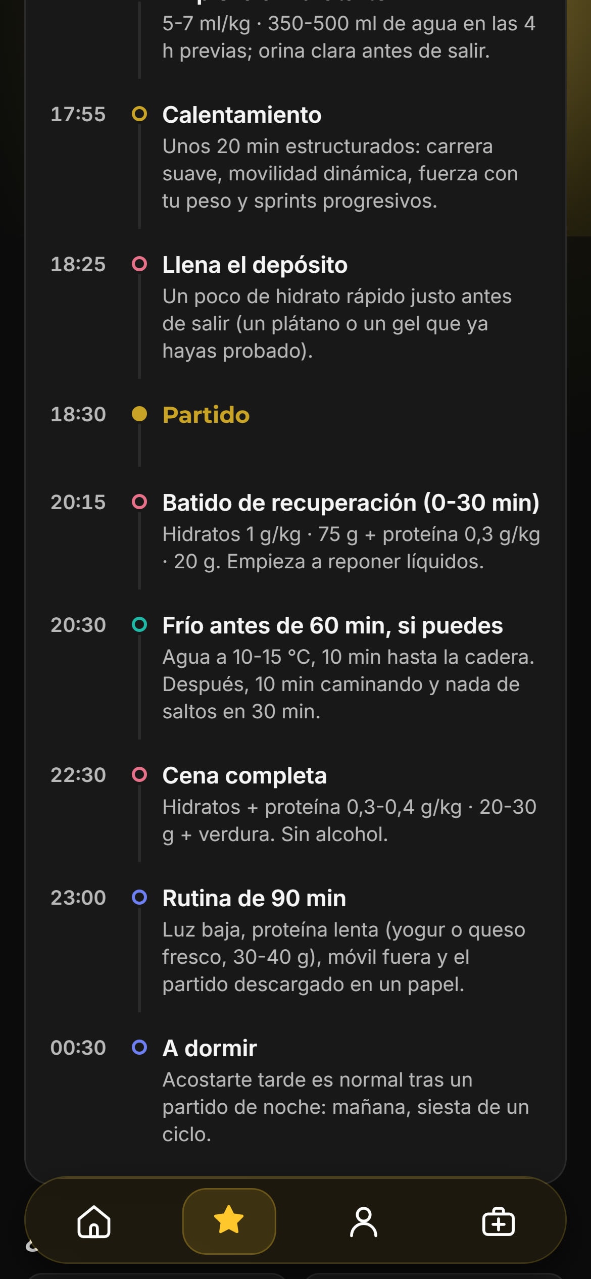Cronograma del día de partido en la app, hora a hora