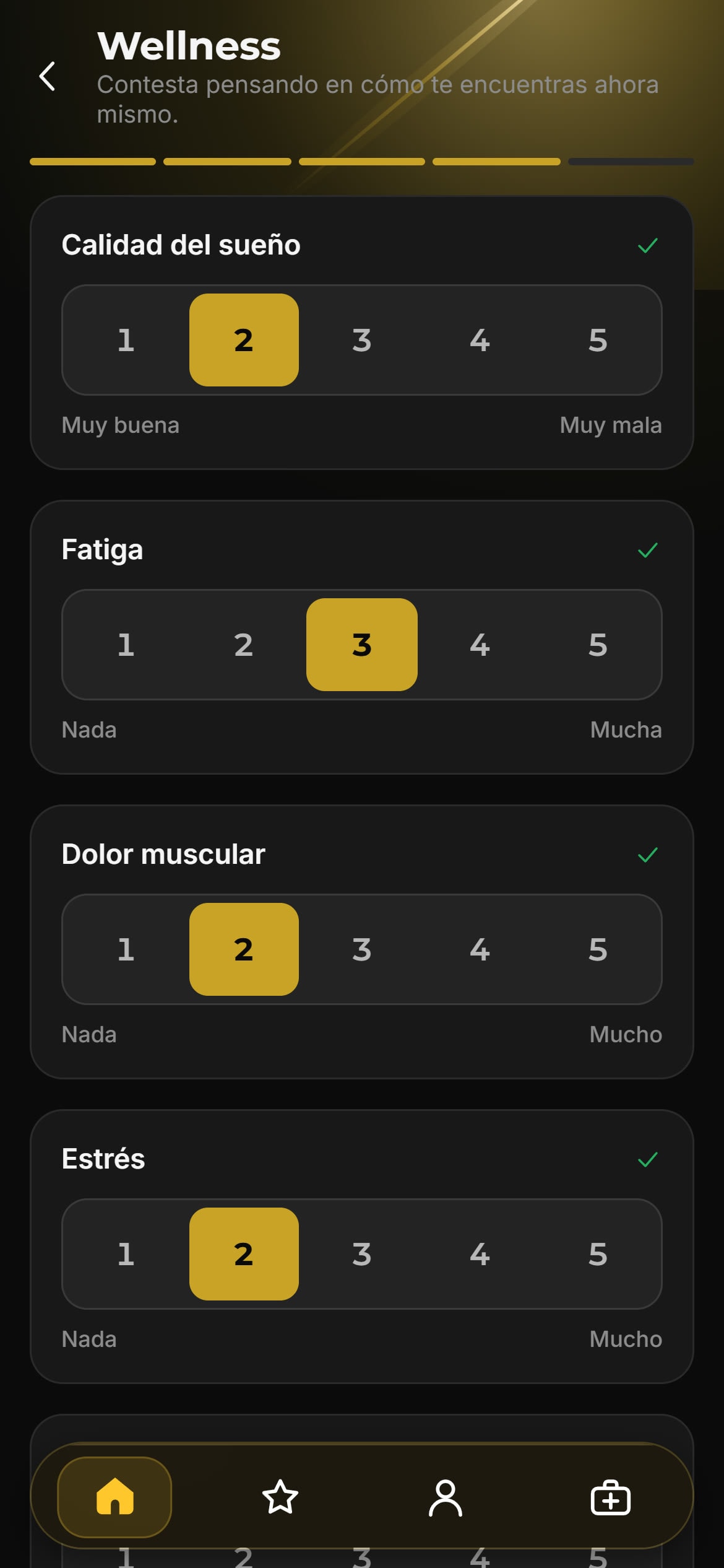 Cuestionario de wellness de la app con las respuestas del día